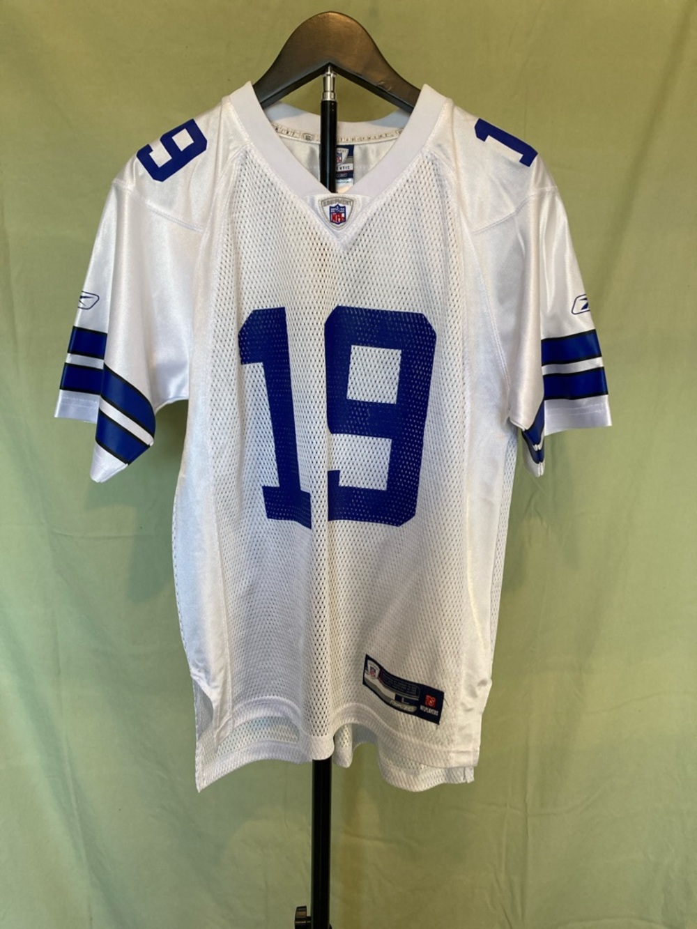 Reebok DALLAS White & Royal Blue #19 Football Jersey, New w/o Tags, Lg/12-16